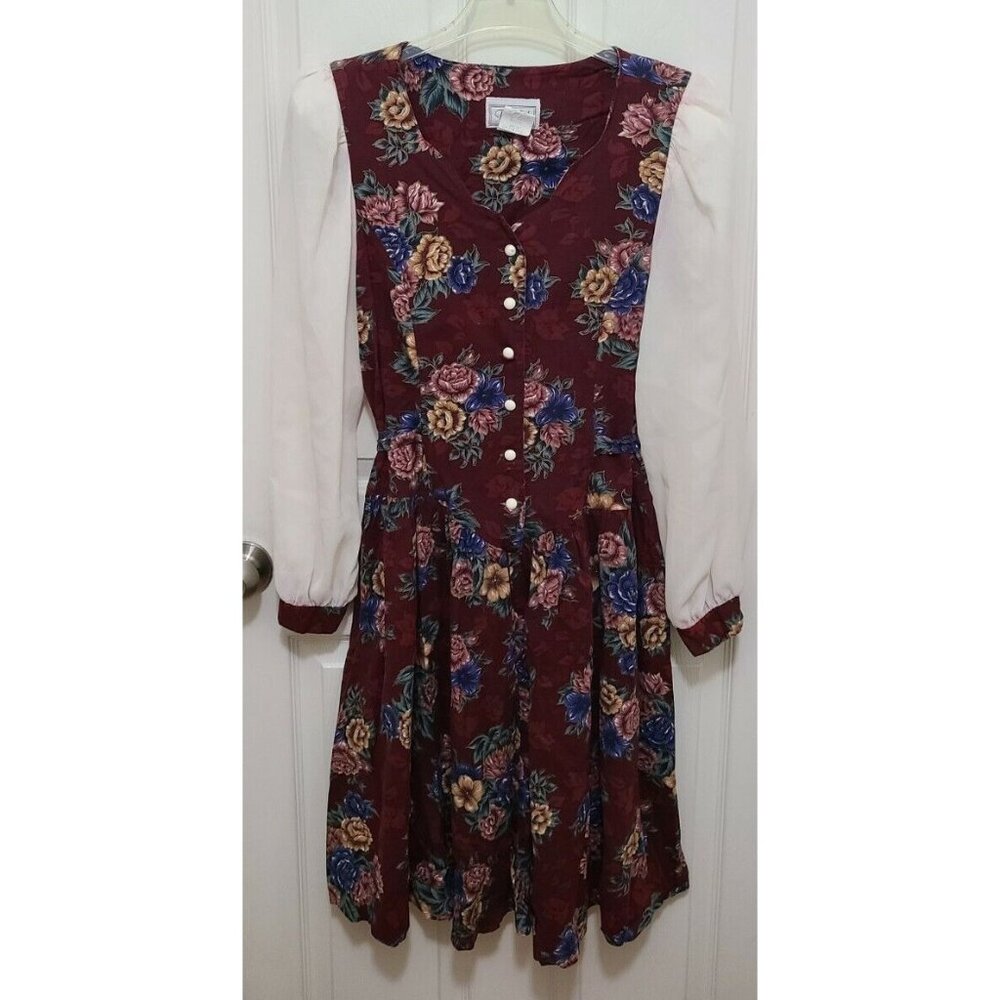 Vtg 90s DBY Womens Long Sleeve Dress Red Floral Cottage Core Prairie Faire 13/14